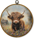 Hiuwevt Rustic Highland Cow Round Wall Art Decor, Cottagecore Wildflower Western Cow Framed Canvas Prints, Farm Animal Cattle Round Wall Hanging Decor for Home Bedroom Decorations, 10x10 Inches