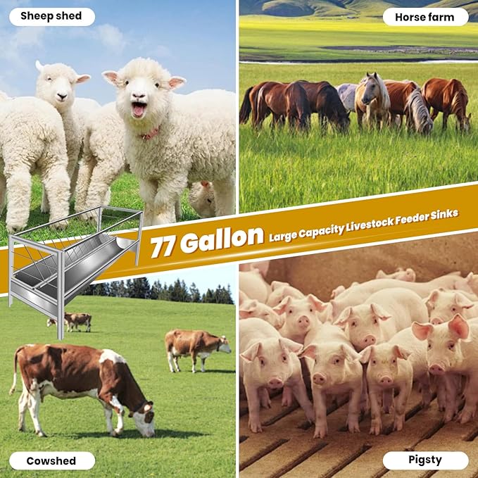 77Gal Heavy-Duty Galvanized Steel Hay Feeder for Livestock – 2-in-1 Large Capacity Feed & Water Trough, Smooth Edges Design for Goats, Horses, Ranch & Barn Use