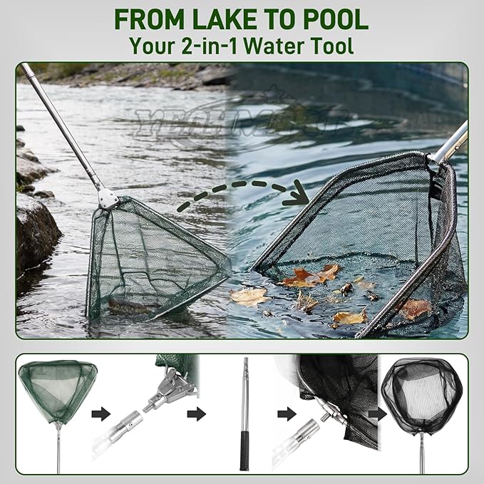 Yeahmart Telescoping Fishing Net, 61" Foldable Landing Net with 2 Interchangeable Heads & Rescue Hook, 4-in-1 Long Handle Fish Net for Kayak, Boat, Bass, Freshwater & Saltwater Fishing Gear