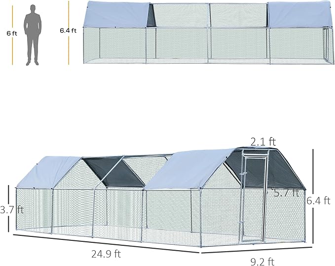 PawHut Large Chicken Coop Metal Chicken Run with Waterproof and Anti-UV Cover, Flat Shaped Walk-in Fence Cage Hen House for Outdoor and Yard Farm Use, 1.3" Tube Diameter, 9' x 24' x 6.5'