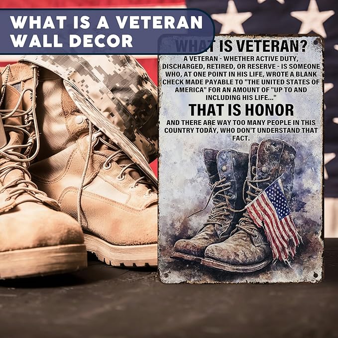 PEACHGARDEN Military Decor Army Patriotic Metal Sign Wall Decor What is A Veteran Metal Tin Sign Poster Military Memorabilia for Veterans Army Soldier Patriots 8x12inch