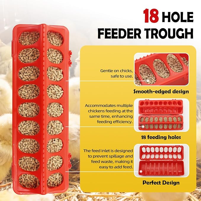 Chicken Feeder and Chicken Waterer Kit Set Automatic Chicken Hanging Poultry Waterer 3L kit-Flip Top Chick Feeder with 16 Feeding Hole