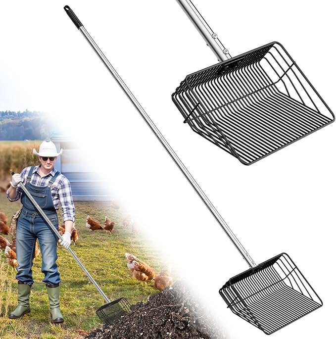 Extra Wide Chicken Poop Scooper 10inch, 3-in-1 Durable Detachable Chicken Coop Scoop for Sand (36 to 66"), Sifting Shovel Pooper Scooper for Chicken Coop/Goat Stall/Stable/Farm Cleaning Must Haves