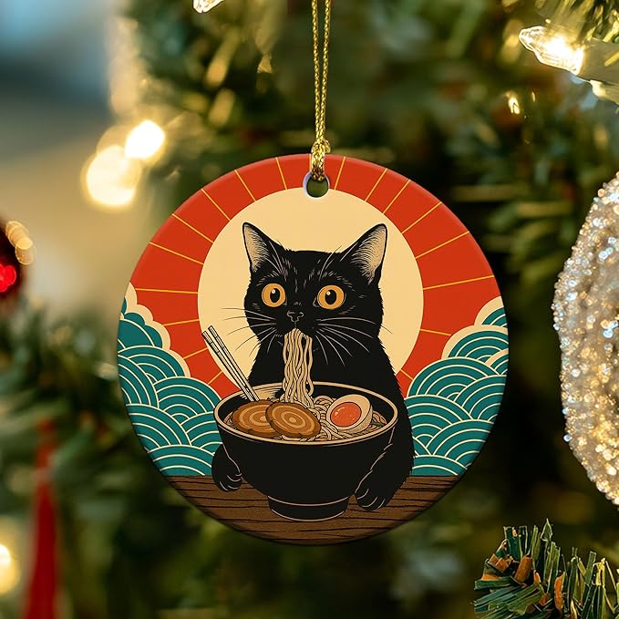 Black Cat Ramen Christmas Ornament - Funny Ramen Japanese Anime Gifts for Women, Men, Cat Lovers - Kawaii Noodle Pet Decor Ceramic Ornament