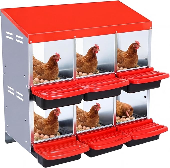 Chicken Nesting Box, 6-Hole Metal Wall Mount Chicken Laying Boxes with Legs and Lid Cover, Easy to Assemble, Roll-Away Egg Design Nesting Boxes for Outdoor Chicken Coop & Farm Yard, Red
