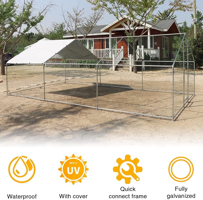 Large Metal Chicken Coop Walk-in Poultry Cage Hen Duck Run House with Waterproof & Anti-UV Cover Galvanized Rabbits Habitat Spire Shaped Cage for Outdoor Yard Farm Use