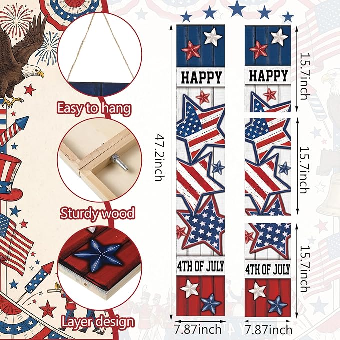 47" Large 4th of July Front Porch Sign Patriotic Wooden Vertical Door Sign with American Flag Colors Red White Blue Outdoor Decor for Independence Day 250th Anniversary Home Entryway