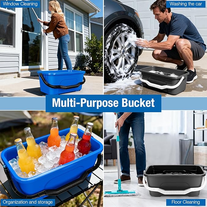 3 Gallon Mop Cleaning Bucket with Handle,4 Pcs Compact Square Plastic Bucket for Window Cleaning,Car Washing, Mopping & Household Cleaning Supplies Organizer Wash Water Bucket for Storage Blue Grey