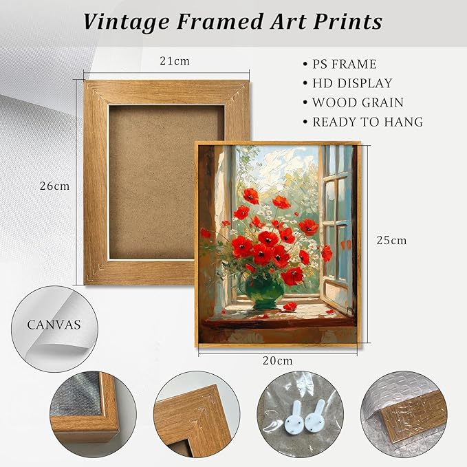 Window Floral Canvas Modern Poppy Art Rustic Flower Picture Farmhouse Vintage Prints Red Poppies Paintings Vintage Country Artwork Farmhouse Flower Poster Retro Botanical Prints 8x10 in Framed