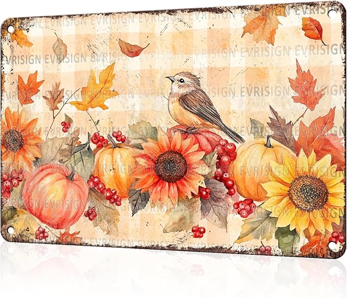 Retro Pumpkin Wall Art Thanksgiving Metal Sign with Farmhouse Style Perfect for Garden, Yard and Indoor Home Decor 12x16Inch