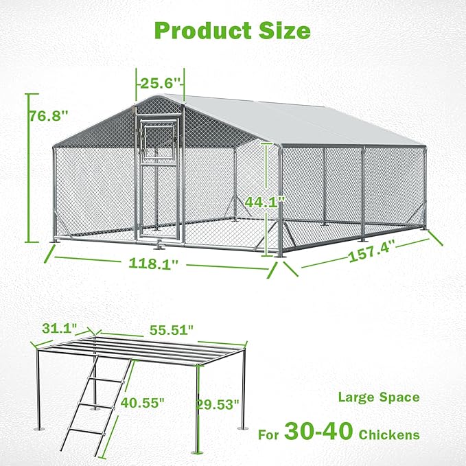 10x13FT Metal Chicken Coop, Dutch Door Chicken Run with Chicken Perch, Cover and Hardware Cloth, Walk in Duck Pen for Backyard Poultry and Pet Farming