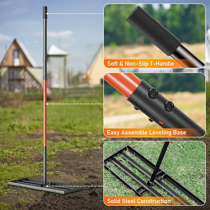 Lawn Leveling Rake, 30x10 with 78" Adjustable Handle, Stainless Steel Leveling Rake, Lawn Care Tool for Backyard, Garden, Golf Course, Farm and Pasture