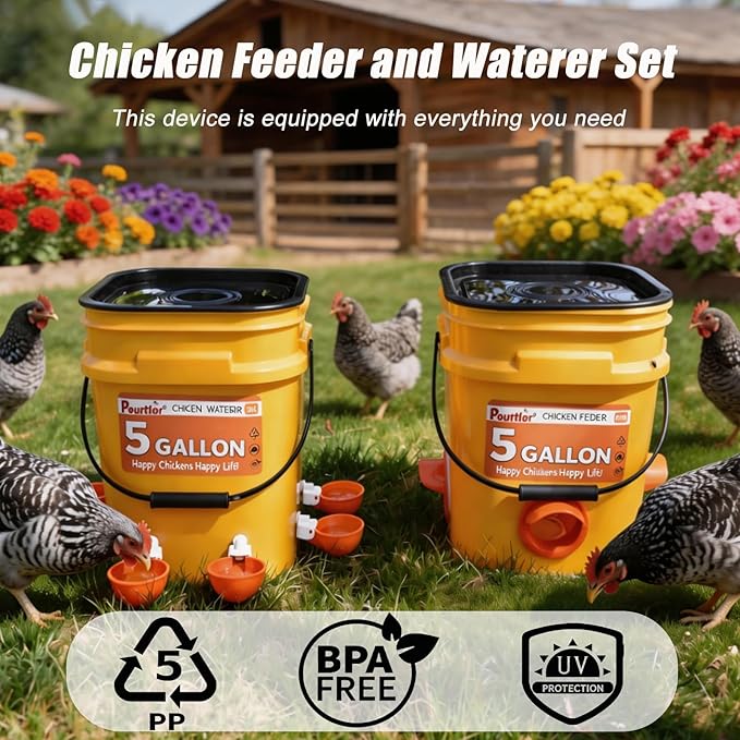 5 Gallon Automatic Chicken Waterer & 44 Lbs No Waste Feeder Set, Poultry Feeding Equipment with Buckets for Chicken Coop Accessories