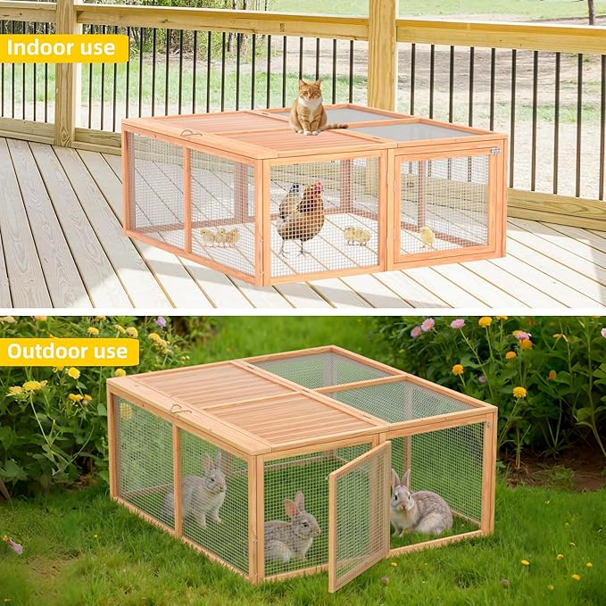 Chicken Coop Run Rabbit Cage No Assembly Portable Chicken Run Bunny House with Top & Side Opening Doors,Outdoor Small Animal Playpen Wooden Chicken Brooder Box Guinea Pig Cage 45"x 42"x 20"