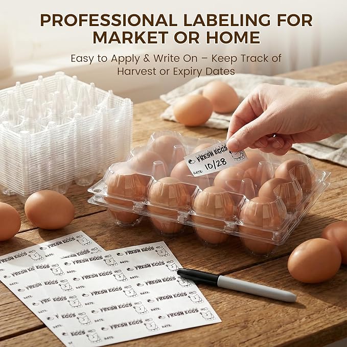 HAKSEN 60 PCS 12 Count Plastic Egg Cartons, with 60PCS Date Labels, Clear Reusable Egg Containers Holds for Fresh Medium Eggs Storage, Suitable for Farms, Family, Markets Display