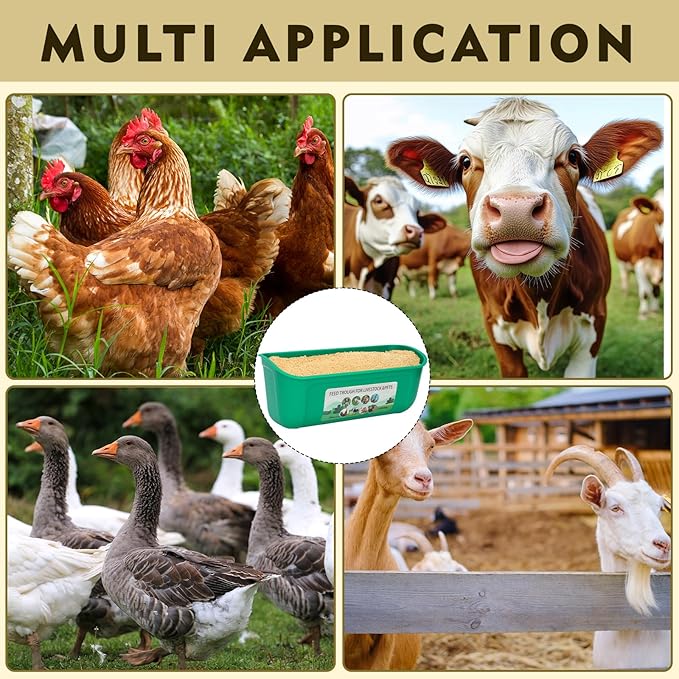6 Pack Fence Feed Feeder 4.5 Quart Hanging Chicken Feeder Trough with Brush & Scoop Green Goat Hanging Fence Feeders Feeder with Hooks Screws & Zip Tie for Livestock Feeding Container Goats Supplies
