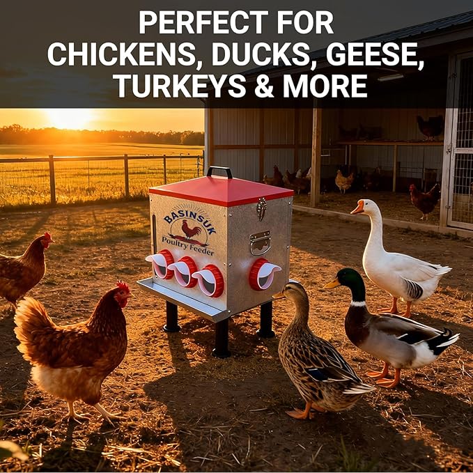 10Gal 55lb Automatic Chicken Feeder 8 Ports, Large Metal Poultry Feeder No Waste Rat-Proof with Window & Catchment Tray, Height Adjustable Waterproof Rust-Proof for Backyard Coop Duck Turkey