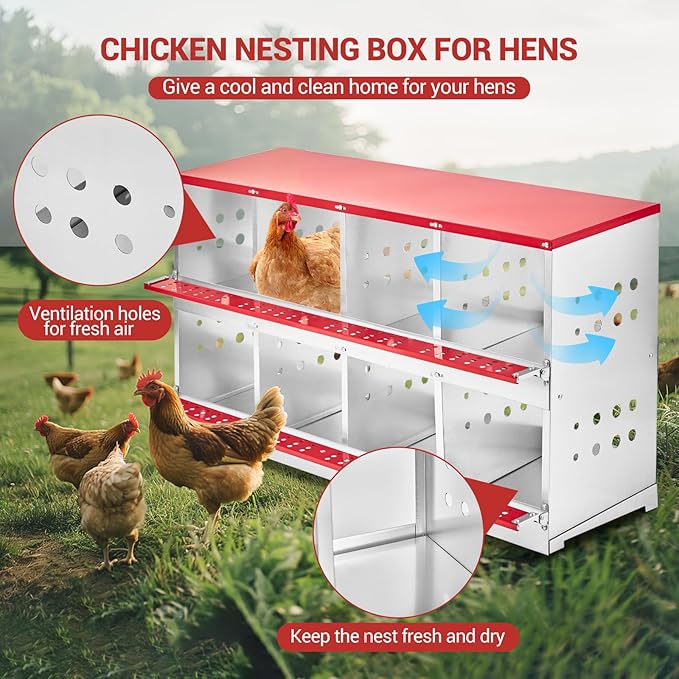 Metal Chicken Nesting Boxes - 8 Hole Wall-Mountable Laying Boxes with Roll-Away Egg Collection, Weatherproof Galvanized Steel, for Chicken Coop, Red