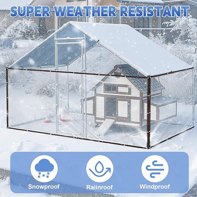 VitalCozy 2 Pcs Chicken Coop Cover 10 x 6 ft Waterproof Clear Tarp Heavy Duty PVC Vinyl Chicken Run Cover Coop Accessories for Outdoor Winter with 30 Pcs Ball Bungees Cords