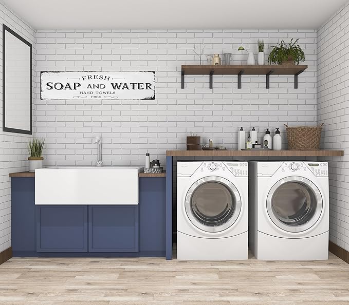 CSWLJS Rustic Metal Tin Signs Farmhouse Bathroom Decor Fresh Soap and Water Sign Vintage Wood Plaque Rustic for Wall Art Decoration Restroom 4x16 Inch
