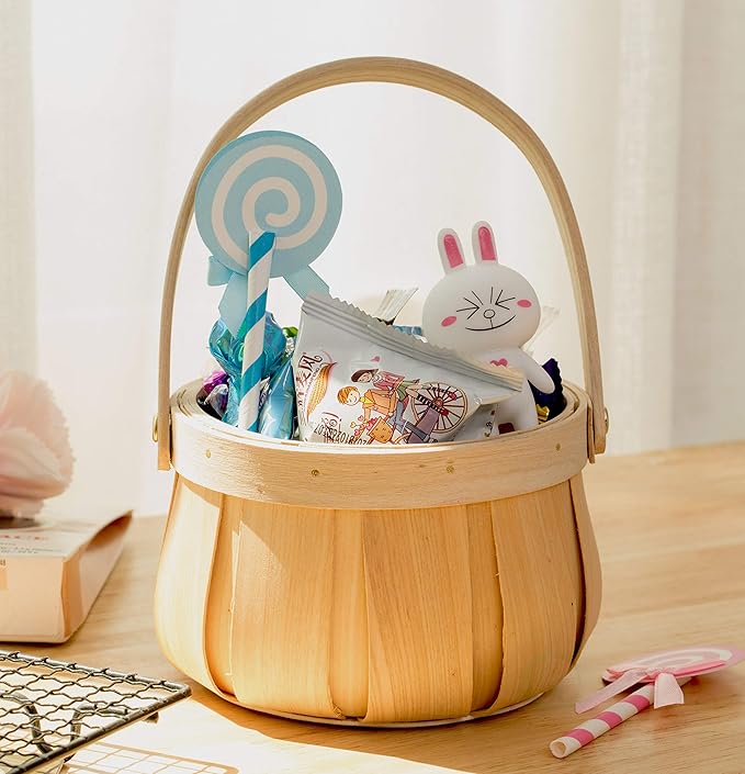 Vintiquewise Small Round Natural Woodchip Wooden Decorative Storage Basket with Handle