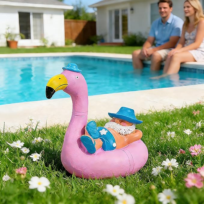 Teaeeno Garden Gnome on Flamingo - Funny Gnome Figurine - Cute Gnome Lawn Statue - for Outdoor or House Decor