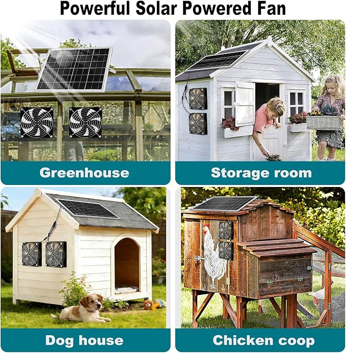 Solar Powered Exhaust Fan with Solar Panel, IP67 Waterproof Ventilation Fan for Greenhouse, Chicken Coop, Dog House, Storage Room