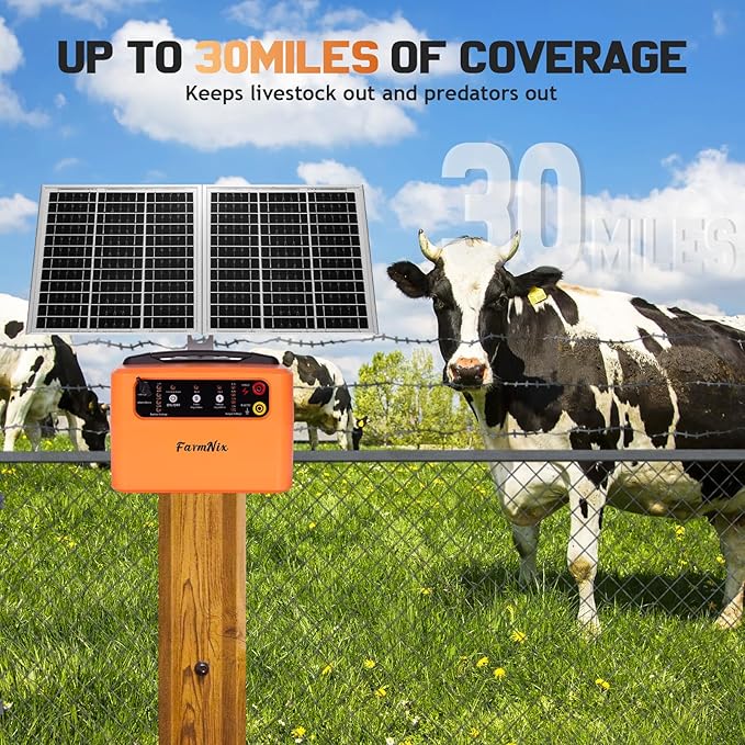 30 Miles Solar Electric Fence Charger for Livestock,6-12KV Adjustable Output Solar Charger,1.5J Fence Charger,15W Solar Powered Electric Fence Kit for Garden,24H Uninterrupted Protection