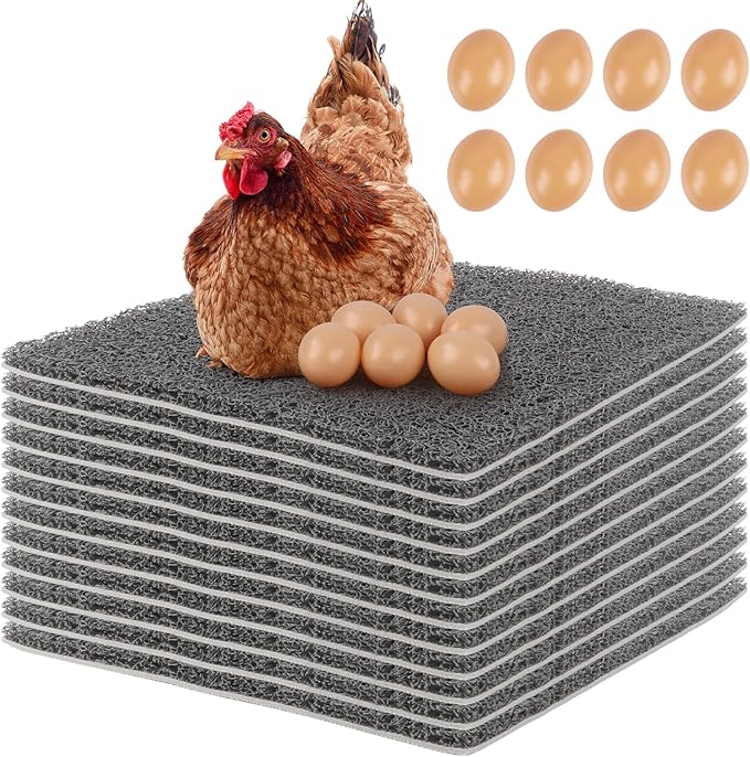 12 Pcs Nesting Pads for Chicken Coop, 12x12 Inch Washable Plastic Nesting Box Liners with 6 Fake Eggs, Reusable Laying Mats for Hens, Chicken Coop Accessories