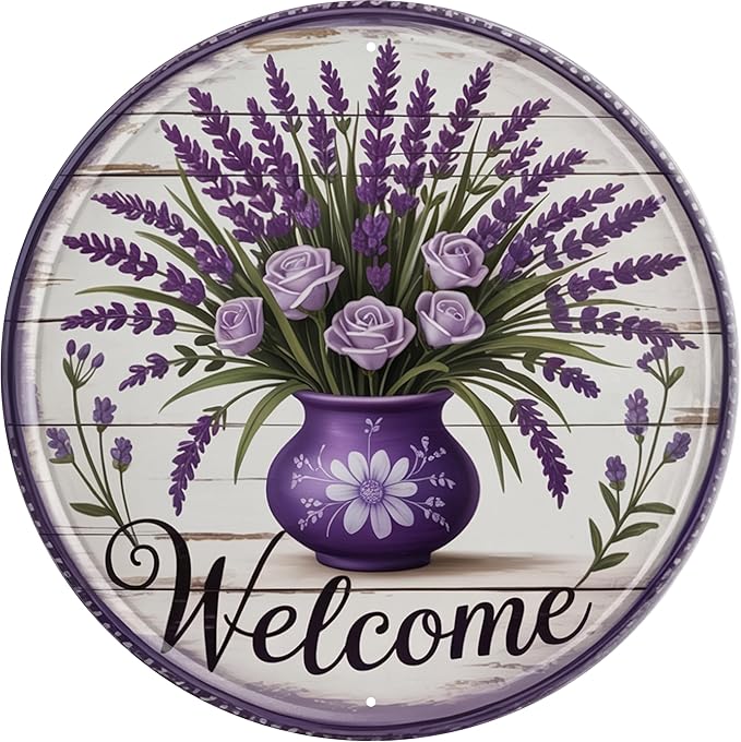AWISZZZ Lavender Welcome Home Metal Sign 8x8in Round Aesthetic Plaque for Entryway Wall Decor Farmhouse Gift