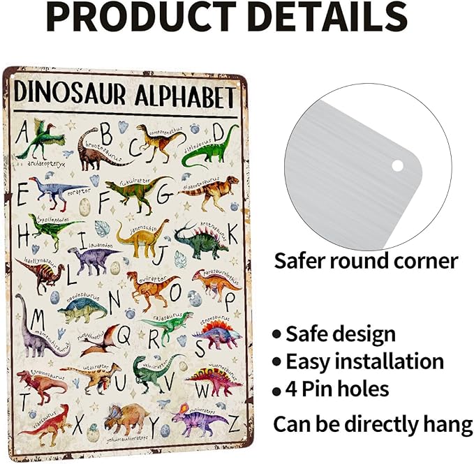 JOCASA Dinasaur Alphabet Vintage Metal Poster Sign Decor-Retro Aluminum Metal Tin Sign for Home Wall Decor, Garden, Bedroom, Signs Gift,12''x 8''
