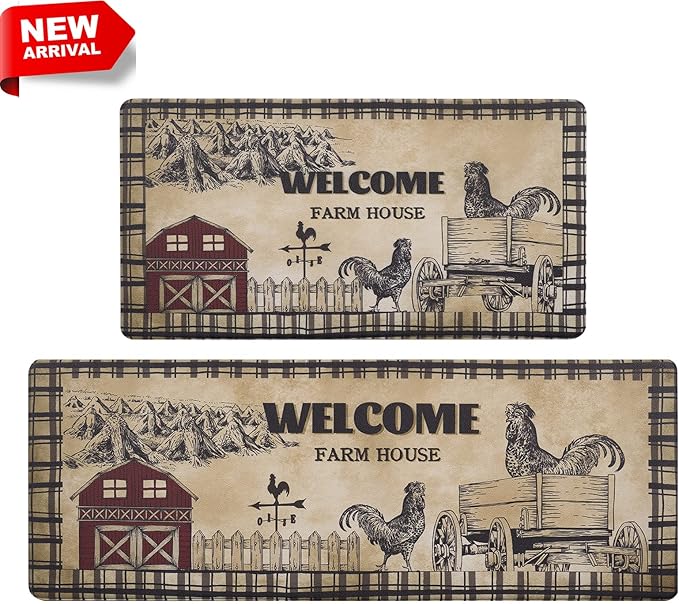 ASPMIZ Farmhouse Kitchen Rugs Set of 2, Rooster Kitchen Mats Cushioned Anti Fatigue, Waterproof Kitchen Rug Non Slip Washable, Country Kitchen Floor Mats for Sink Office,18'' x 48'' + 18'' x 30''