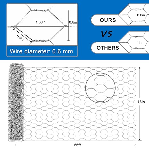 Chicken Wire Fencing Mesh, Galvanized Hexagonal Chicken Wire Mesh 16 Inch x 66 Feet Poultry Wire Netting for Garden Fence, Pet Rabbit Enclosure & Craft Projects
