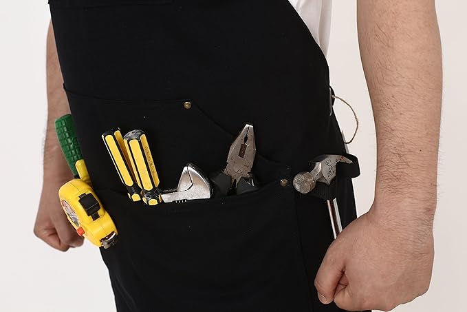 Heavy Duty Canvas Work Apron,Tool Pockets, Back Straps Adjustable（black）