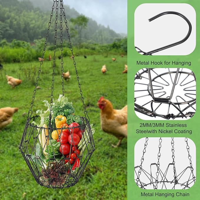 2 Pcs Hanging Chicken Feeder, Foldable Chicken Vegetable Fruits Feeder, Poultry Feeding Holder Basket with Hanging Chain, Veggie Treat Ball for Chicken Coop Accessories