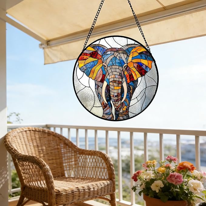 Stained Glass Window Hanging, Colorful Elephant Sun Catcher for Door Home Decor Animal Suncatcher Christmas Mother's Day Birthday Gifts for Women Men Mom and Nana 6.3 in