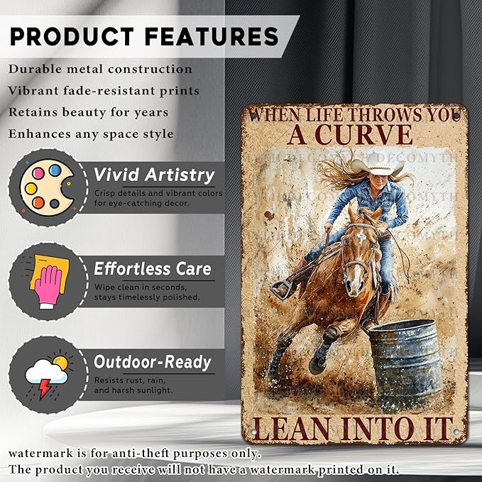 Metal Tin Sign Vintage Retro Horse Riding Cowgirl Wall Decor When Life Throws You A Curve Lean Into It Funny Tin Sign Poster Art Metal Wall Plaque Decor 12 * 8inch