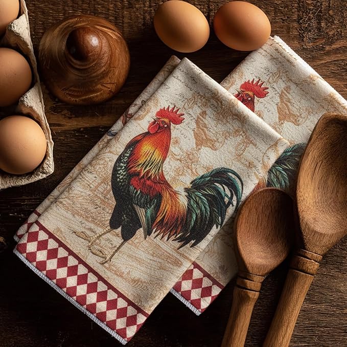 4 Pcs Kitchen Towels Decorative Set Chicken Rooster Dish Towels, Vintage Rustic Tea Cloth Decor, 27.5x20 Inch Farmhouse Absorbent Decoration Hand Towels (Rooster)