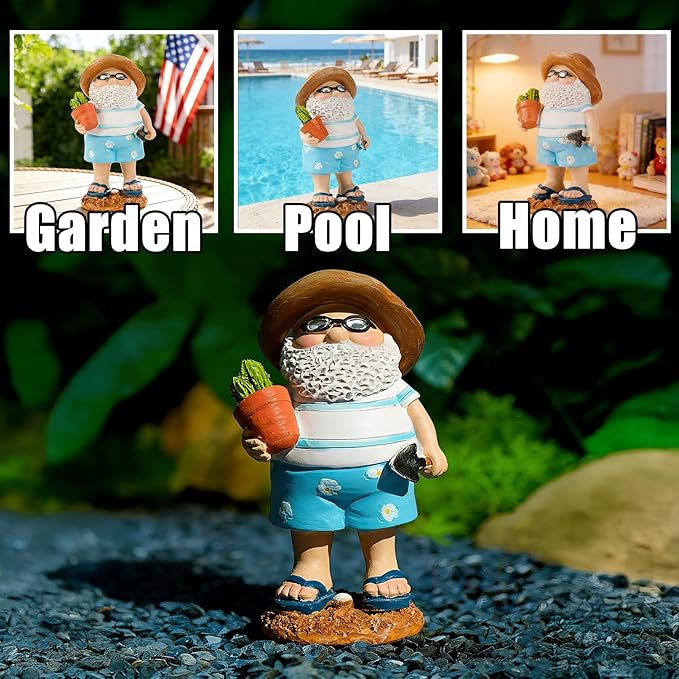 Teaeeno Funny Garden Gnome with Cactue, Funny Gnome Figurine, 8 Inch Depth Lawn Statue, Yard Art Statue, Garden Yard Lawn Backyard Ornament Decor,Home, Lawn, Patio, Animal Ornament for Women Gifts