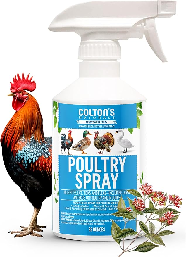 Colton’s Naturals Poultry Spray 32 oz – for Chickens – Helps with Mites, Lice, Fleas & Scaly Leg – Safe for Coops, Birds & Backyard Poultry