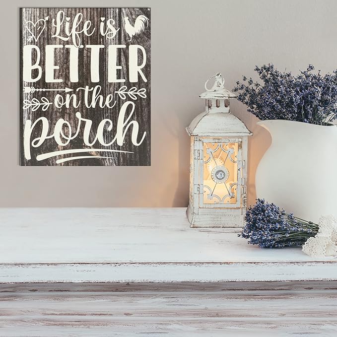 JennyGems Life is Better on the Porch Wooden Sign, Farm Life Decor and Wall Hanging, Brown Rustic Color, Made in USA