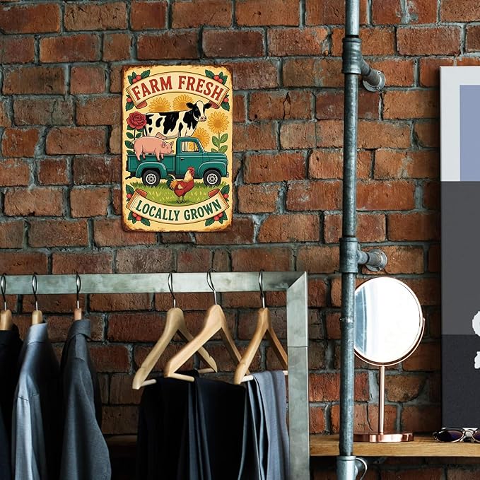 Farm Fresh Locally Grown tin sign Vintage Farm Animals Truck Metal Sign for Garden & Yard Bar Porch Garage Home Bedroom Kitchen Decor Gift 8 x 12,easy to hang