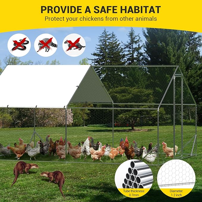 Garvee Large Chicken Coop, Metal Chicken Coop with Anti-Ultraviolet Waterproof Cover, Spire Roof Walk in Poultry Cage for Backyard and Farm Use, 9.8 ft x 13.1 ft x 6.6 ft