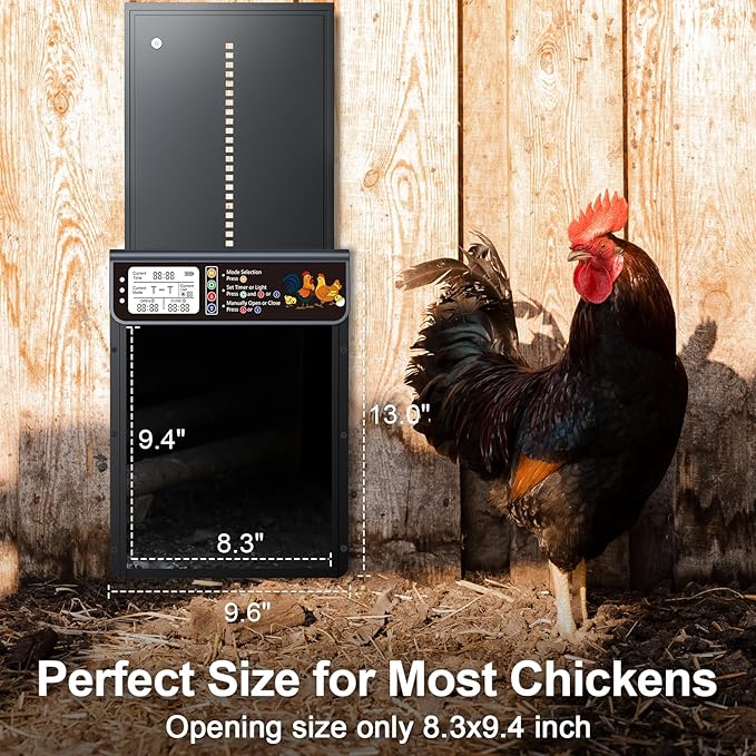 Automatic Chicken Coop Door Solar Powered, LCD Display Automatic Chicken Door with Timer & Light Sensor, Solar Chicken Coop Door with Remote Control, Anti-Pinch Function and Made of Al-Alloy