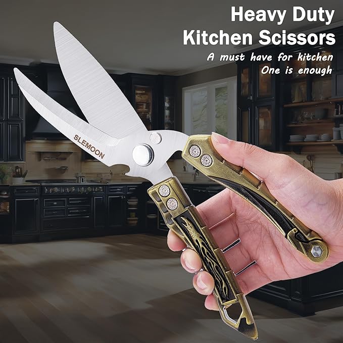 Kitchen Shears Heavy Duty Poultry Shears for Bone,Chicken,Turkey,Meat,Fish and Pizza Cutting Board Kitchen Scissors All Purpose for Food Ideal for Chef and Home Cooking,Dishwasher Safe Brass