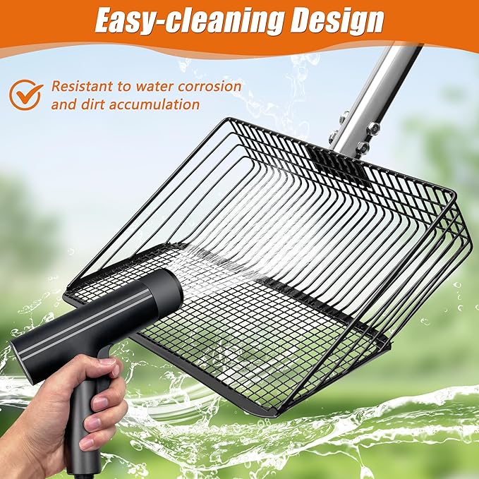 10 Inch Large Metal Chicken Poop Scooper with Adjustable 24–68 Inch Stainless Steel Handle, Heavy Duty Litter Sifting Shovel for Chicken Coop, Cat Litter, Yard, Farm Cleaning Tool