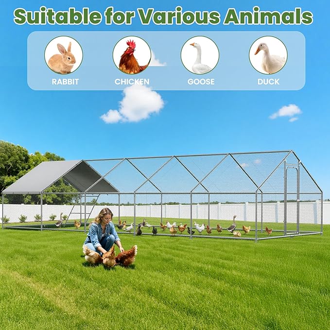 Large Metal Chicken Coop with Roosting Perch, Waterproof and UV Protection Cover, Chicken Run Outdoor Walk-in Cage Chicken Rabbit Duck Hen House, Spire Roof (10'W x 32.8'L x 6.4'H)