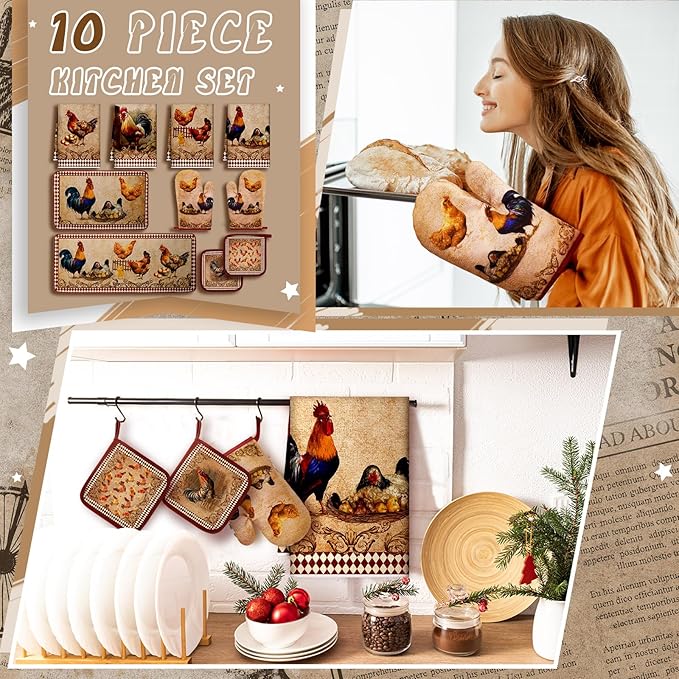 10 Pcs Rooster Chicken Kitchen Dish Towels Rugs Oven Mitts and Pot Holders Sets Farmhouse Rustic Rooster Kitchen Decor Set for Cooking Baking Grilling Women Mom Gift(Brown)