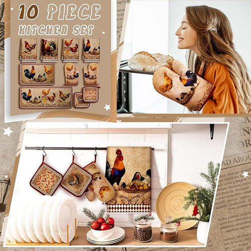 10 Pcs Rooster Chicken Kitchen Dish Towels Rugs Oven Mitts and Pot Holders Sets Farmhouse Rustic Rooster Kitchen Decor Set for Cooking Baking Grilling Women Mom Gift(Brown)