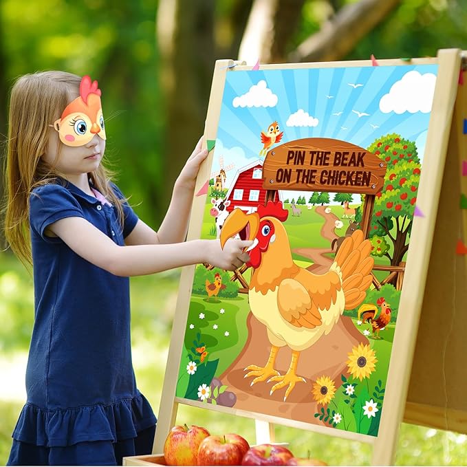 Faccito Farm Animal Games Pin The Beak on The Chicken Barnyard Birthday Party Decorations Farm Poster Games with 24 Stickers Eye Mask for Kids Family School Activities Birthday Party Decor Supplies
